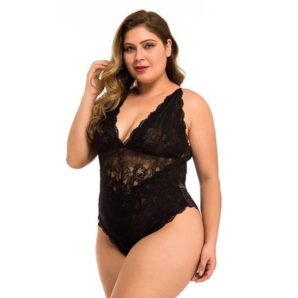 Chama Lace Plus Size V-Neck Backless Lingerie Bodysuit Sleepwear - Picture 6 of 7